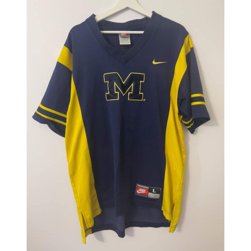 Nike Michigan Wolverines Jersey Men Large Blue Yellow Good Embroidered V-Neck